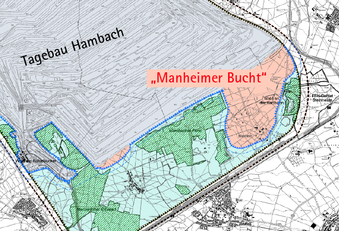 Die "Manheimer Bucht" soll zur Abraumgewinnung dienen. [Kartengrundlage: RWE]